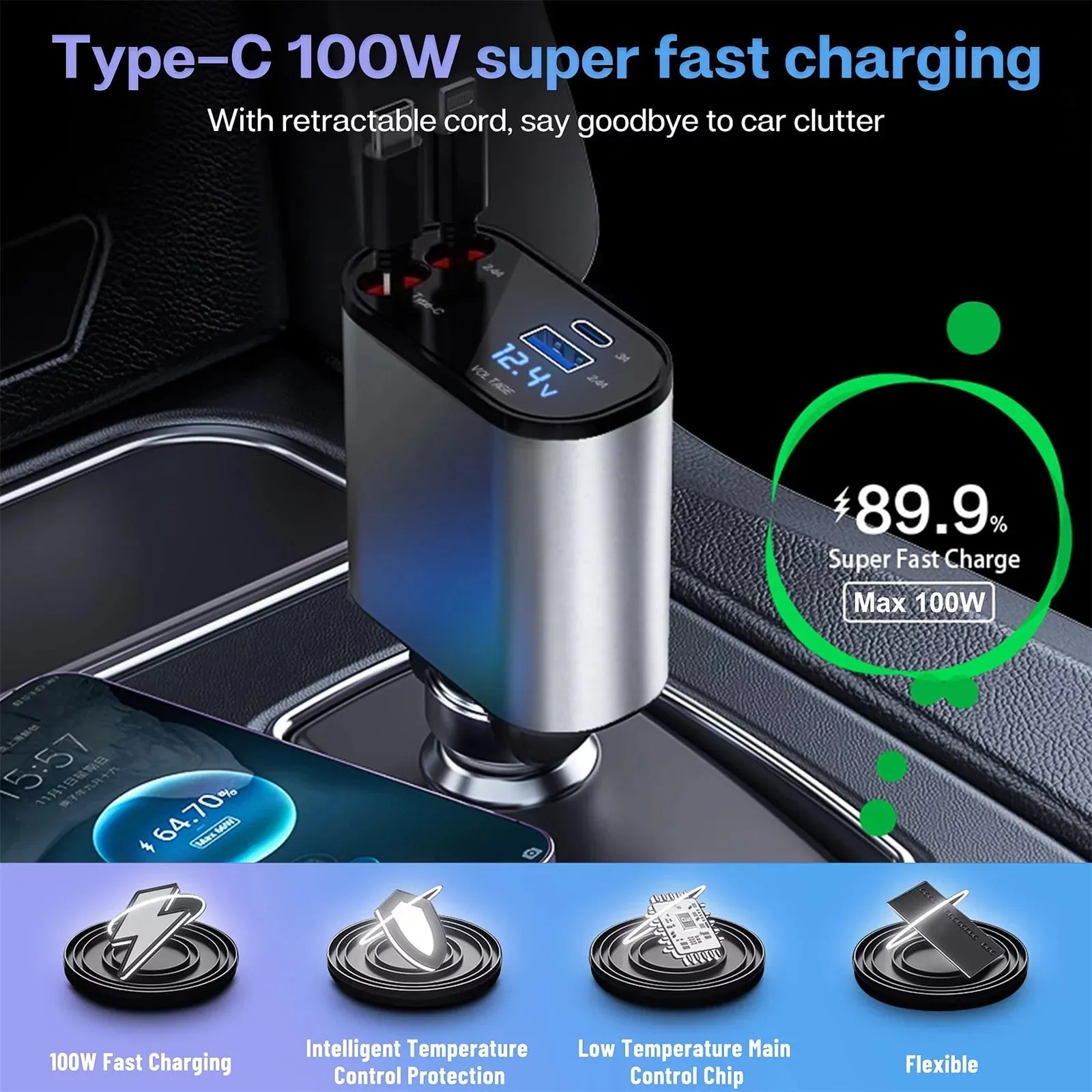 4 in 1 Retractable Car Charger, 100W Fast Car Phone Charger