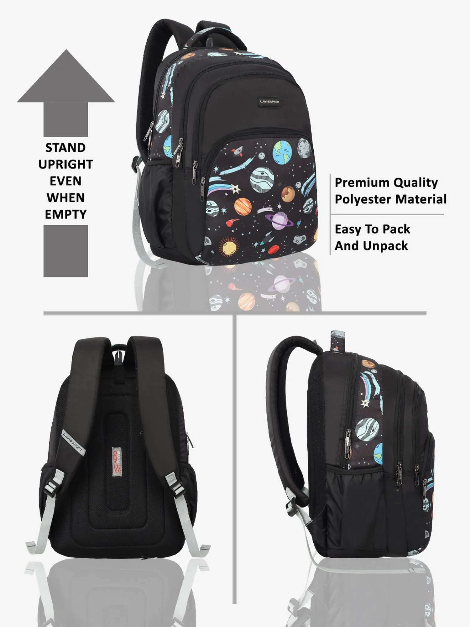 Lavie Sport Planet 39L Printed School Unisex Backpack with Rain cover for Boys & Girls Black