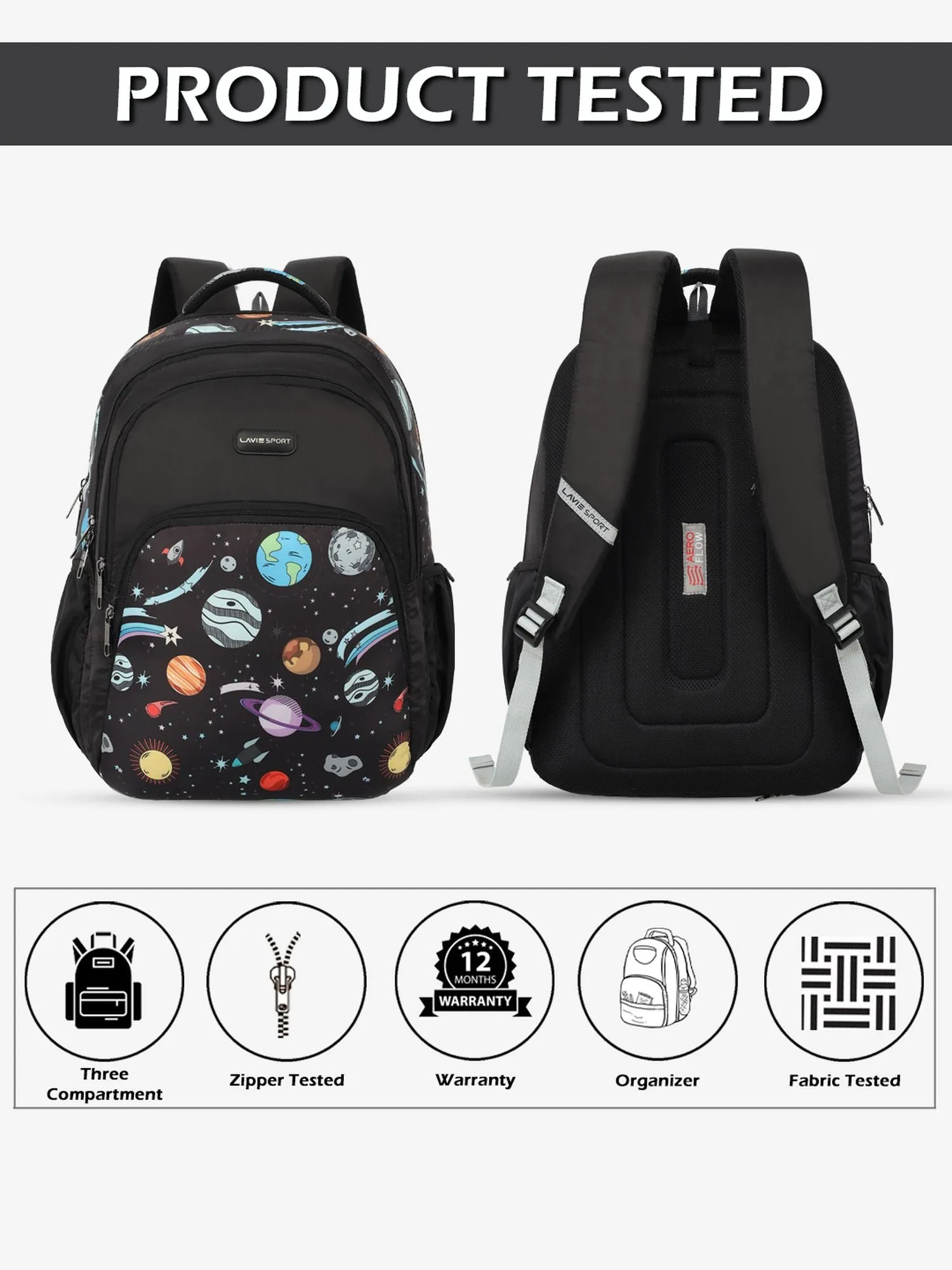 Lavie Sport Planet 39L Printed School Unisex Backpack with Rain cover for Boys & Girls Black