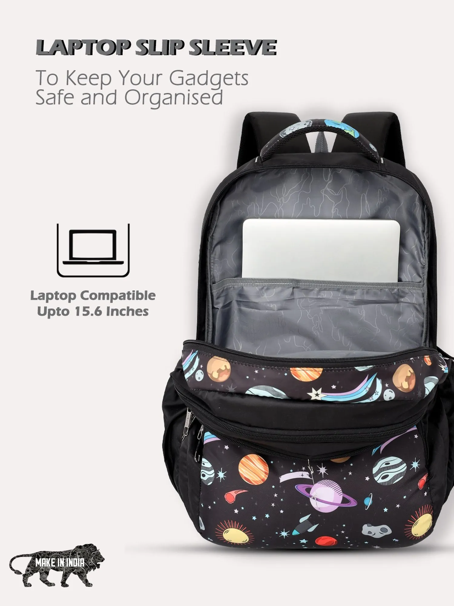 Lavie Sport Planet 39L Printed School Unisex Backpack with Rain cover for Boys & Girls Black