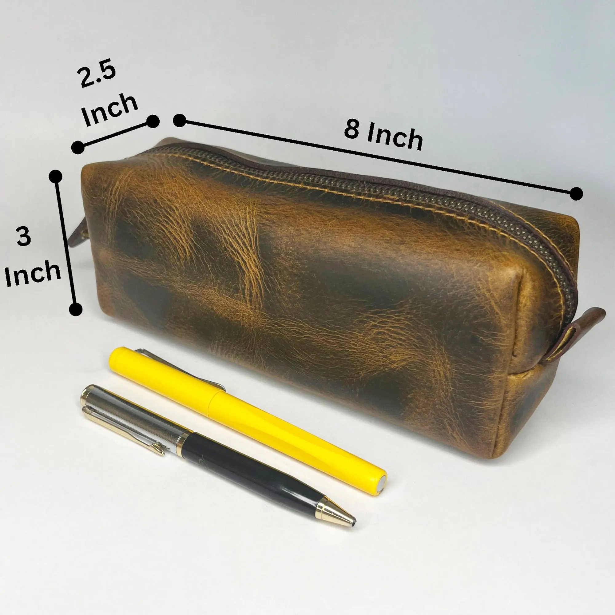 Leather Pencil Case - Handcrafted Premium Zippered Pen Pouch (Antique Brown)