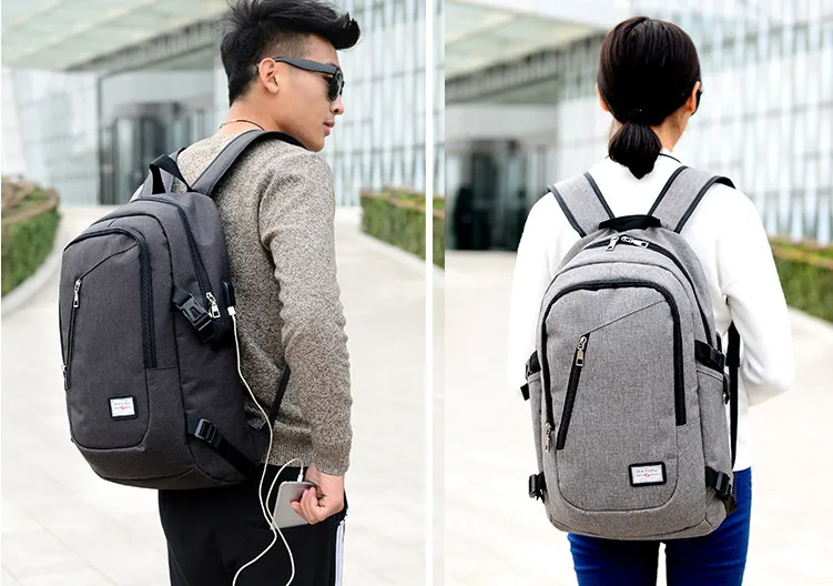 Men Grey Shcool Bag School Backpack USB Battery Charging Backpack