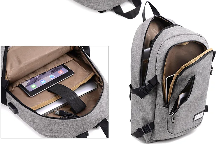 Men Grey Shcool Bag School Backpack USB Battery Charging Backpack