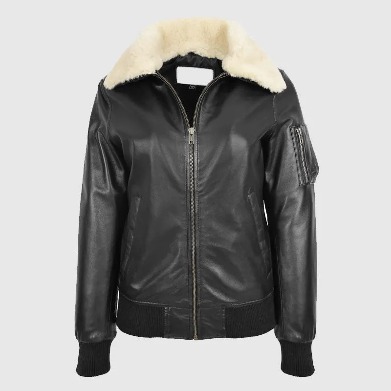 Premium Quality Womens Leather Bomber Jacket Removable Collar Thea Black