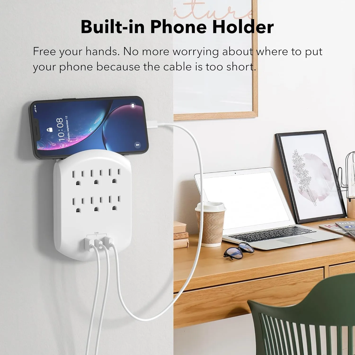 USB Multi Plug Outlet Wall Charger With Auto Sensor LED Night Light, 6 Outlets 3 USB Charging Ports Bn-link