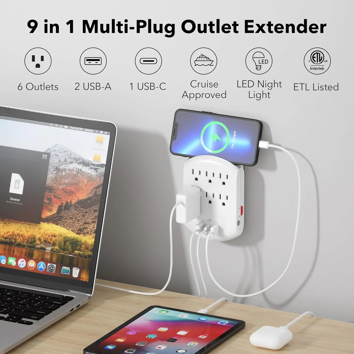 USB Multi Plug Outlet Wall Charger With Auto Sensor LED Night Light, 6 Outlets 3 USB Charging Ports Bn-link