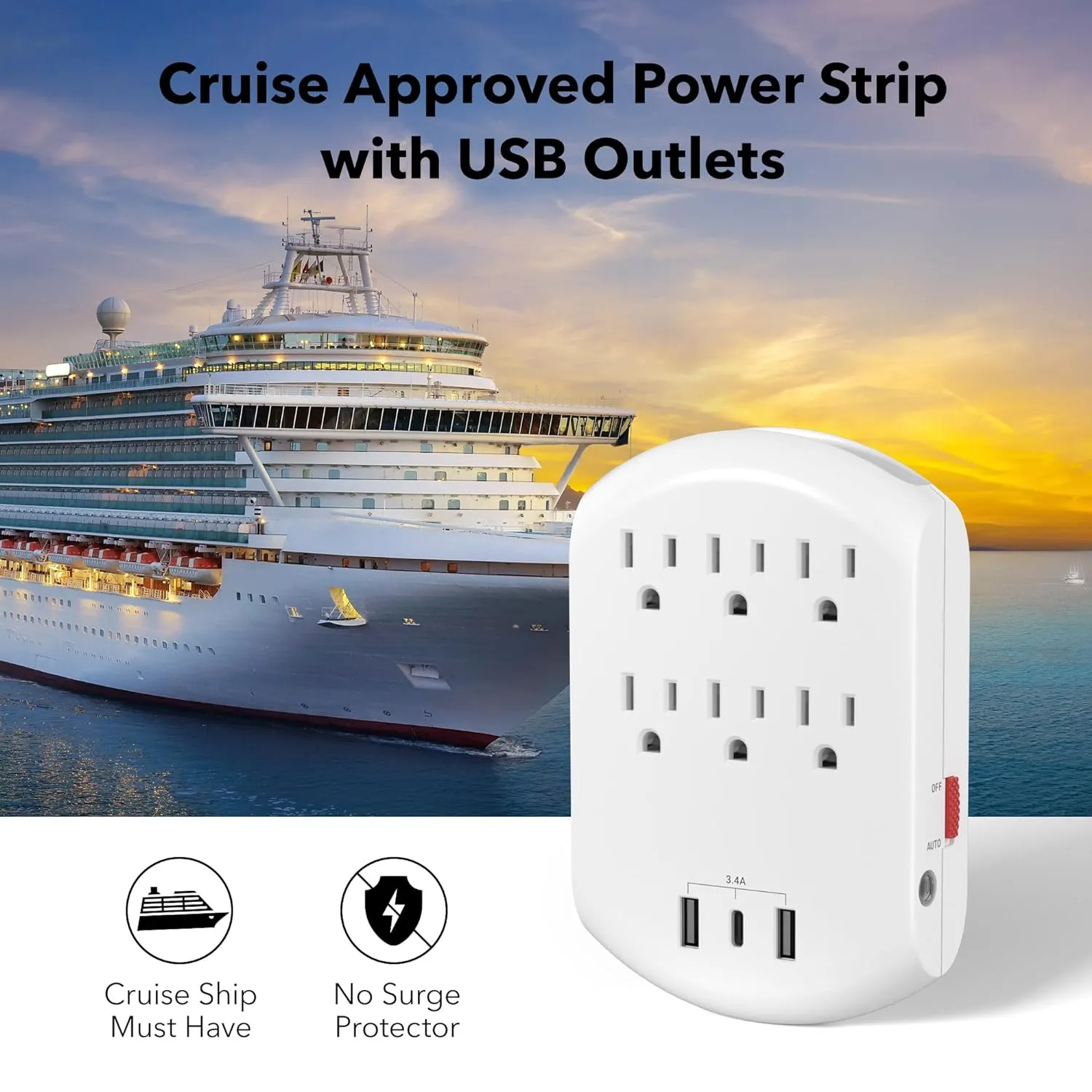 USB Multi Plug Outlet Wall Charger With Auto Sensor LED Night Light, 6 Outlets 3 USB Charging Ports Bn-link