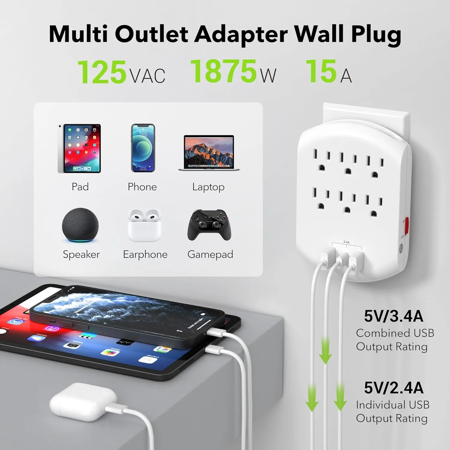 USB Multi Plug Outlet Wall Charger With Auto Sensor LED Night Light, 6 Outlets 3 USB Charging Ports Bn-link