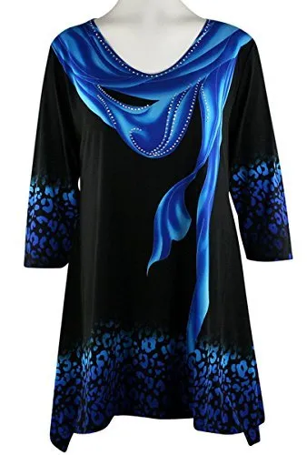 Valentina Signa - Blue Drape, 3/4 Sleeve V-Neck Tunic in Rhinestone Accents